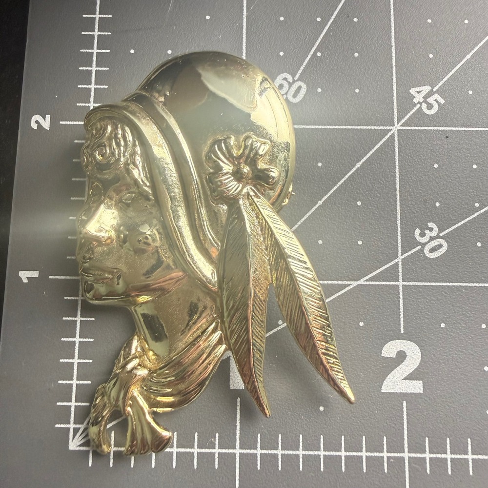 Vintage Signed Torino Brooch Pin Gold Tone Women Profile Face Flapper - Picture 7 of 7